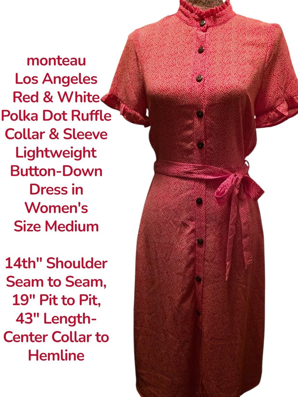 monteau LA Red & White Tiny Polka Dot Ruffle Collar & Sleeve Button-Down Dress M